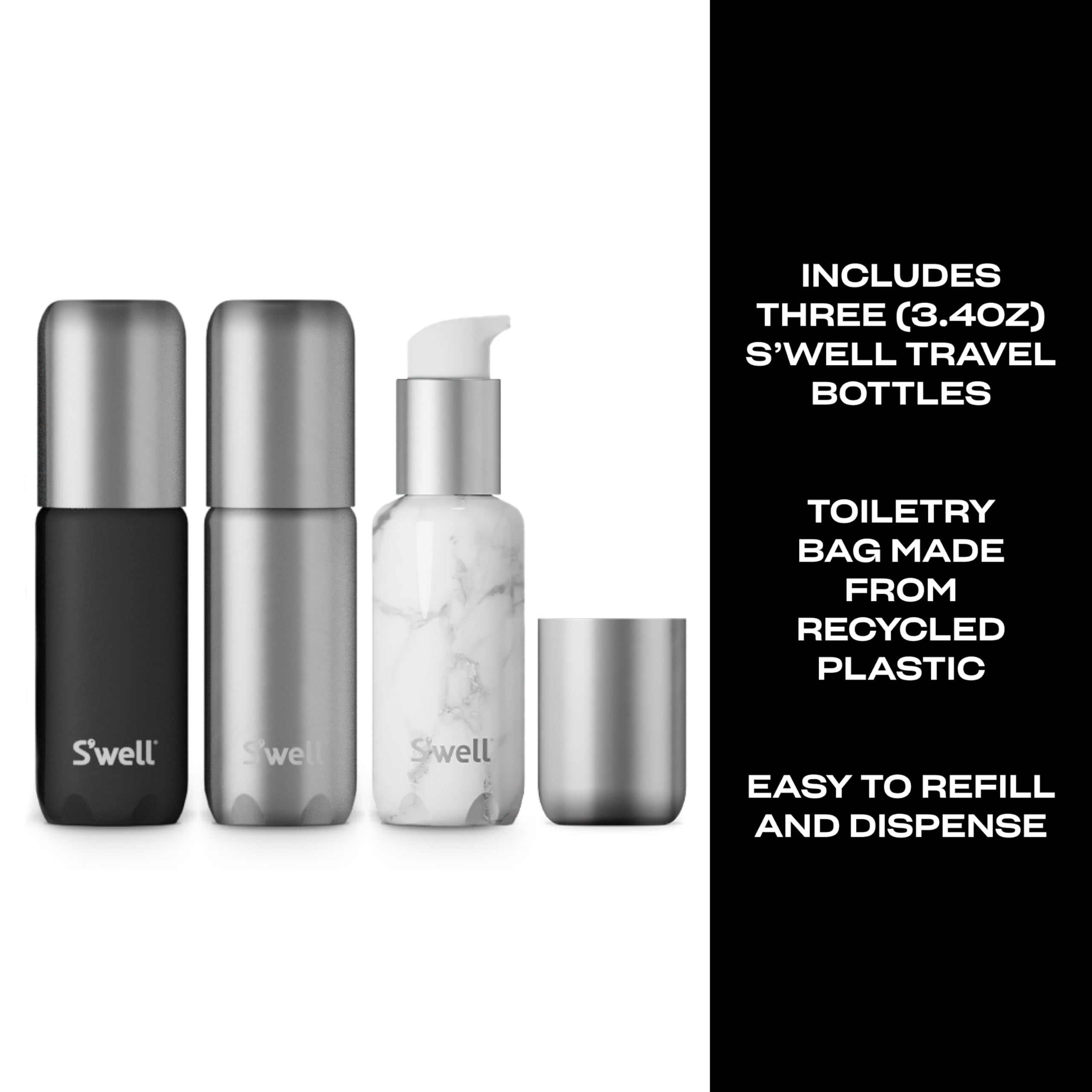 S'well 3.4oz Travel Bottle Set, Includes 3 Lightweight and Recyclable Aluminum Bottles, Leakproof Pumps For Shampoo, Conditioner, Body Wash, Lotions, Sanitizers, and More, TSA Carry On Approved - Image 3