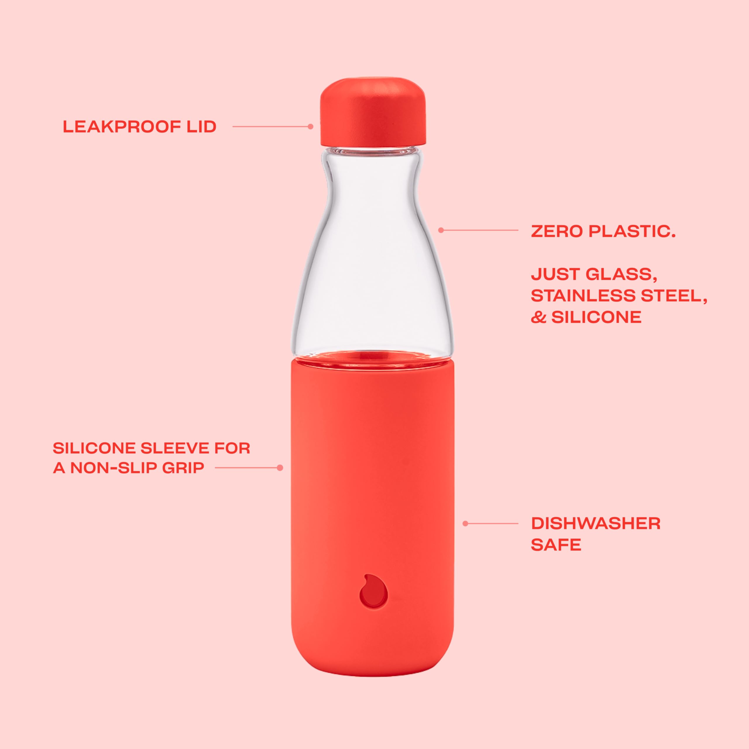 S'well Glass Original Water Bottle, 18oz, Radiant Coral, Borosilicate Glass Bottle With Protective Silicone Sleeve, Zero Plastic, Leakproof, BPA Free - Image 3