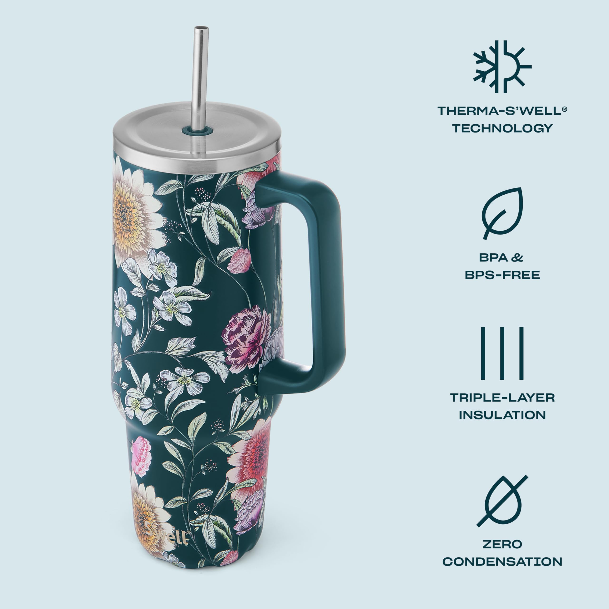 S'well Recycled Stainless Steel Tumbler XL with Straw and Handle, 40oz, Midnight Botanical, Triple Layered Vacuum Insulated Container Keeps Drinks Cold 50 hours and Hot for 10, BPA Free - Image 3