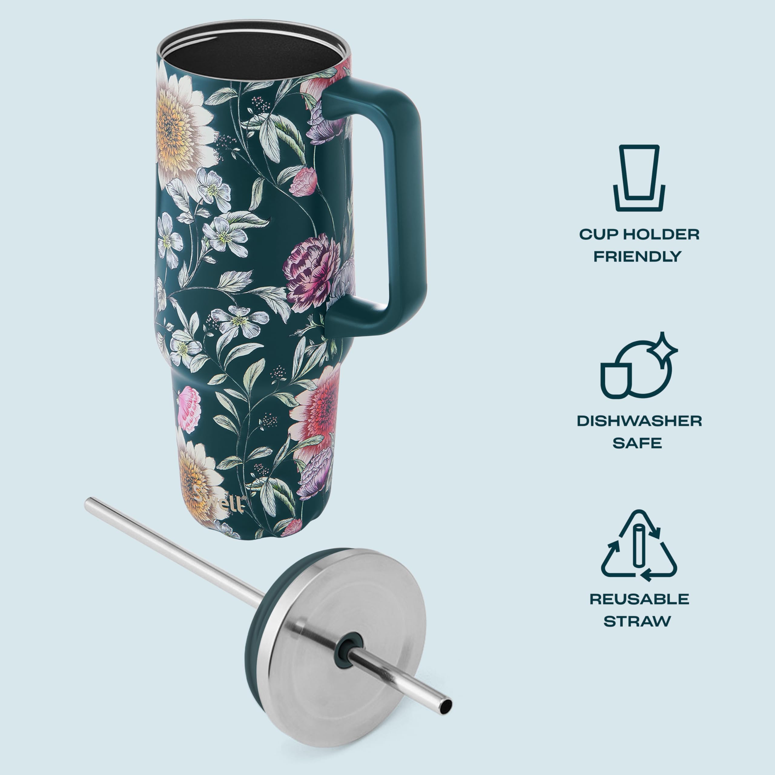 S'well Recycled Stainless Steel Tumbler XL with Straw and Handle, 40oz, Midnight Botanical, Triple Layered Vacuum Insulated Container Keeps Drinks Cold 50 hours and Hot for 10, BPA Free - Image 4