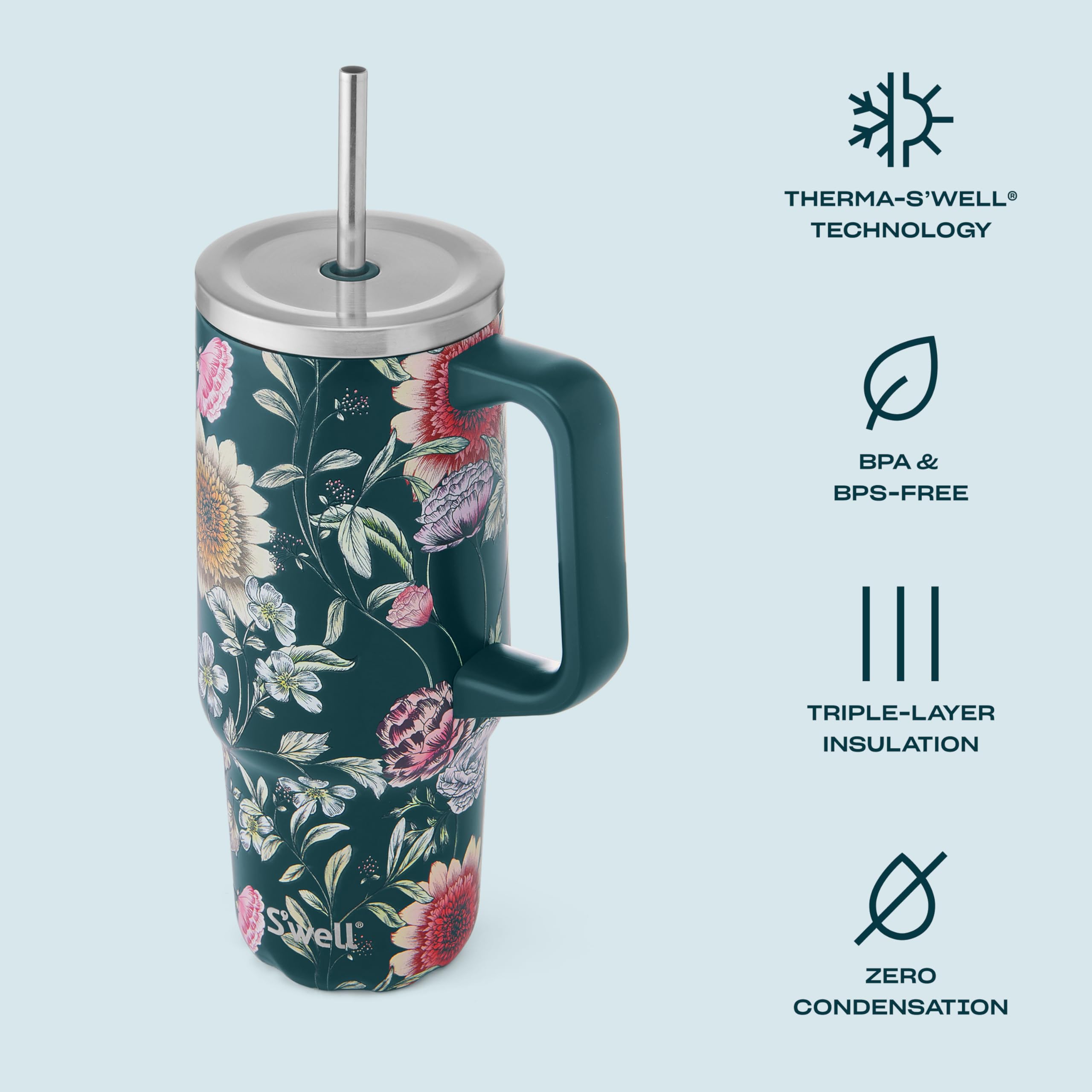 S'well Recycled Stainless Steel Tumbler XL with Straw and Handle, 30oz, Midnight Botanical, Triple Layered Vacuum Insulated Container Keeps Drinks Cold 36 hours and Hot for 9, BPA Free - Image 3