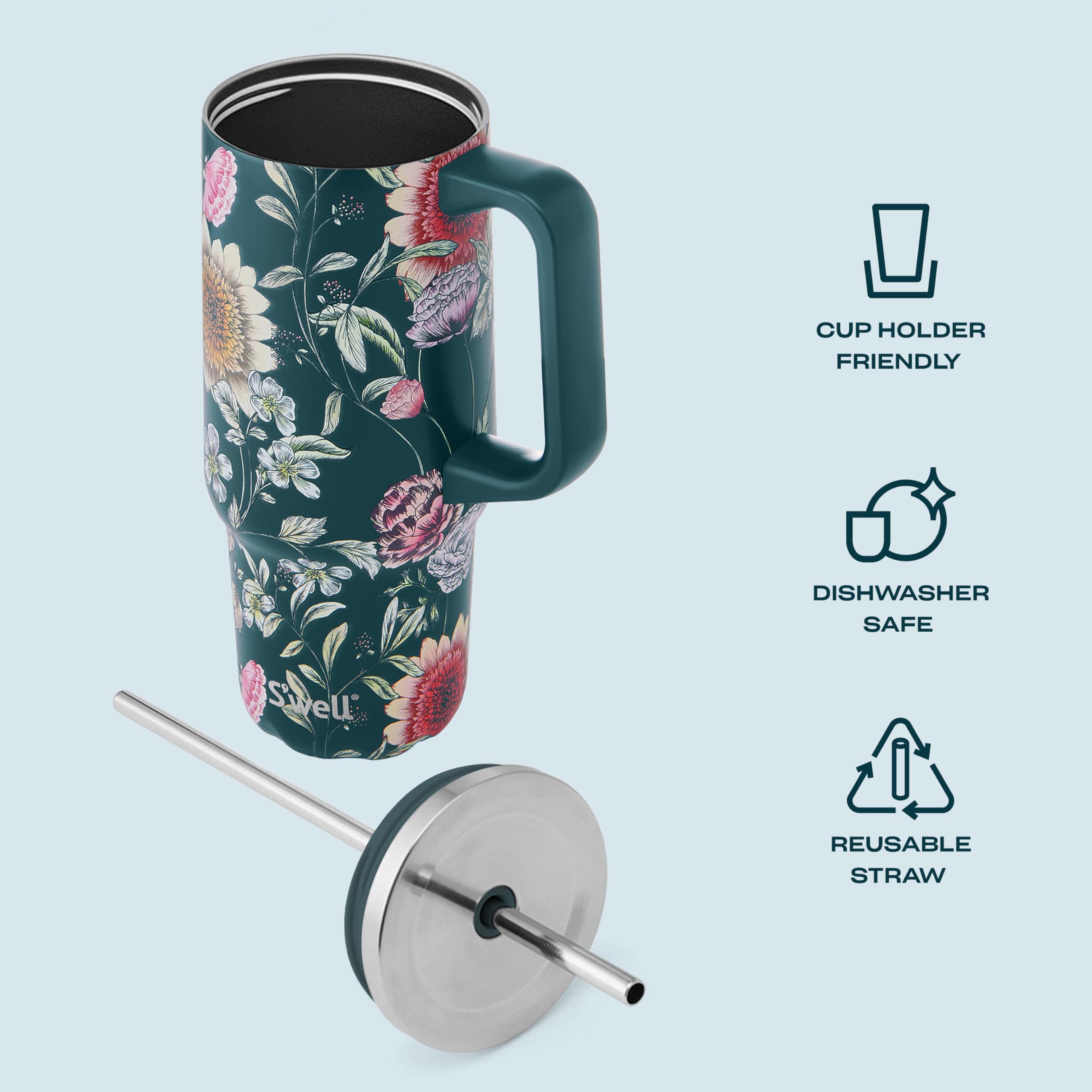 S'well Recycled Stainless Steel Tumbler XL with Straw and Handle, 30oz, Midnight Botanical, Triple Layered Vacuum Insulated Container Keeps Drinks Cold 36 hours and Hot for 9, BPA Free - Image 4