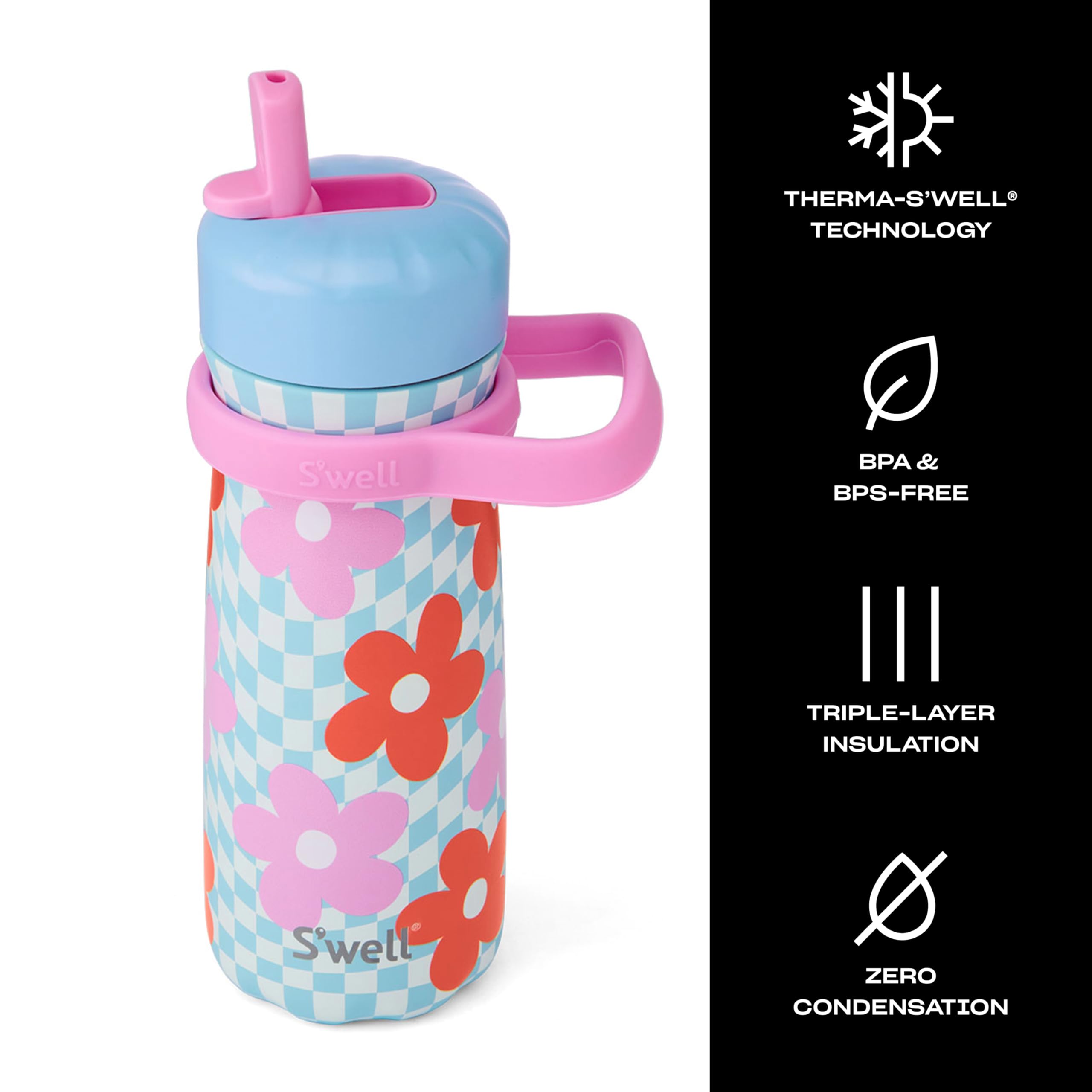 S'well Stainless Steel Kids Traveler with Flip Straw Lid, 16oz, Pink Petal, Triple Layered Vacuum Insulated Containers Keeps Drinks Cold for 24 Hours, BPA Free, Easy Carrying On the Go - Image 3