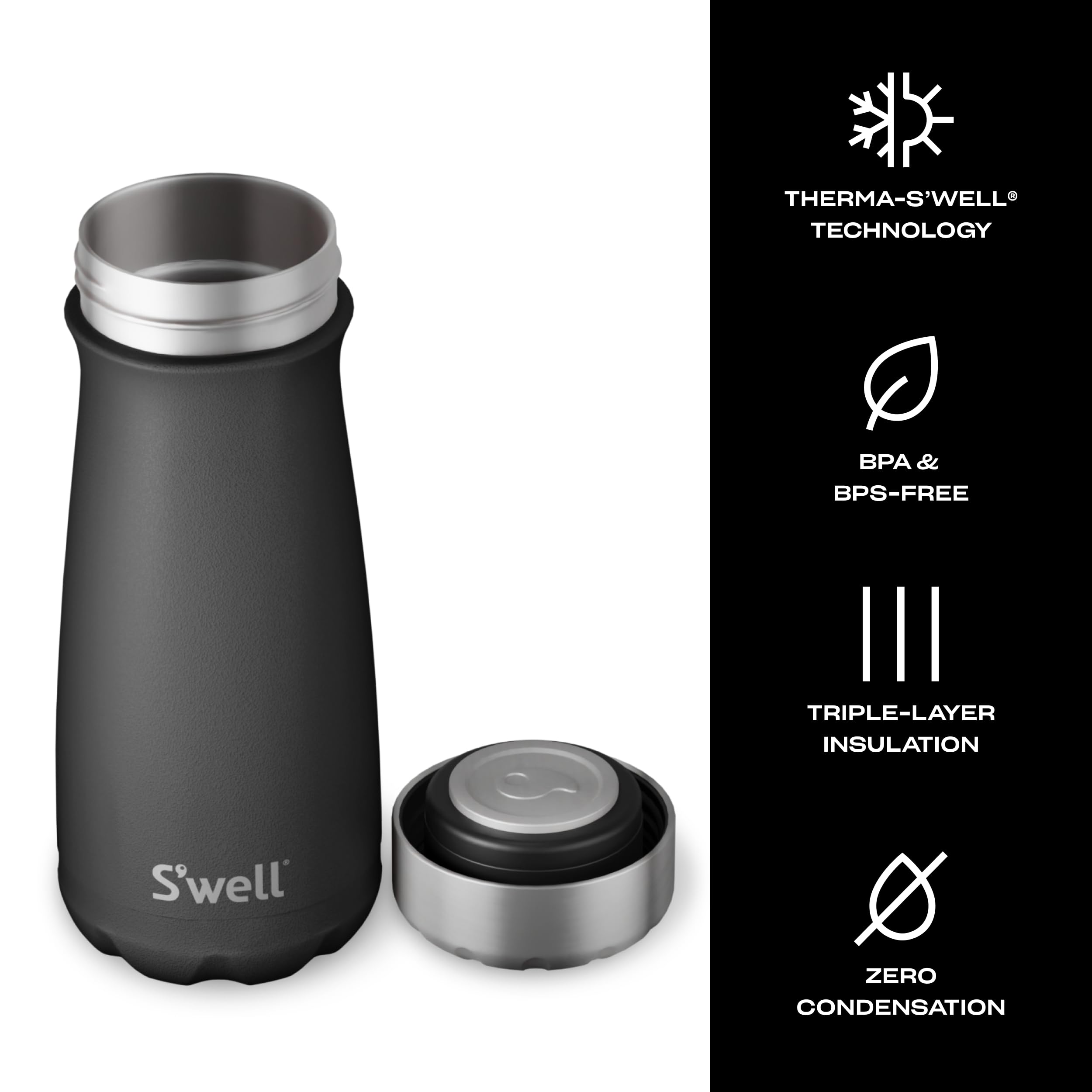 S'well Stainless Steel Traveler, 16oz, Onyx, Triple Layered Vacuum Insulated Containers Keeps Drinks Cold for 24 Hours and Hot for 12, BPA Free, Easy Carrying On the Go - Image 3