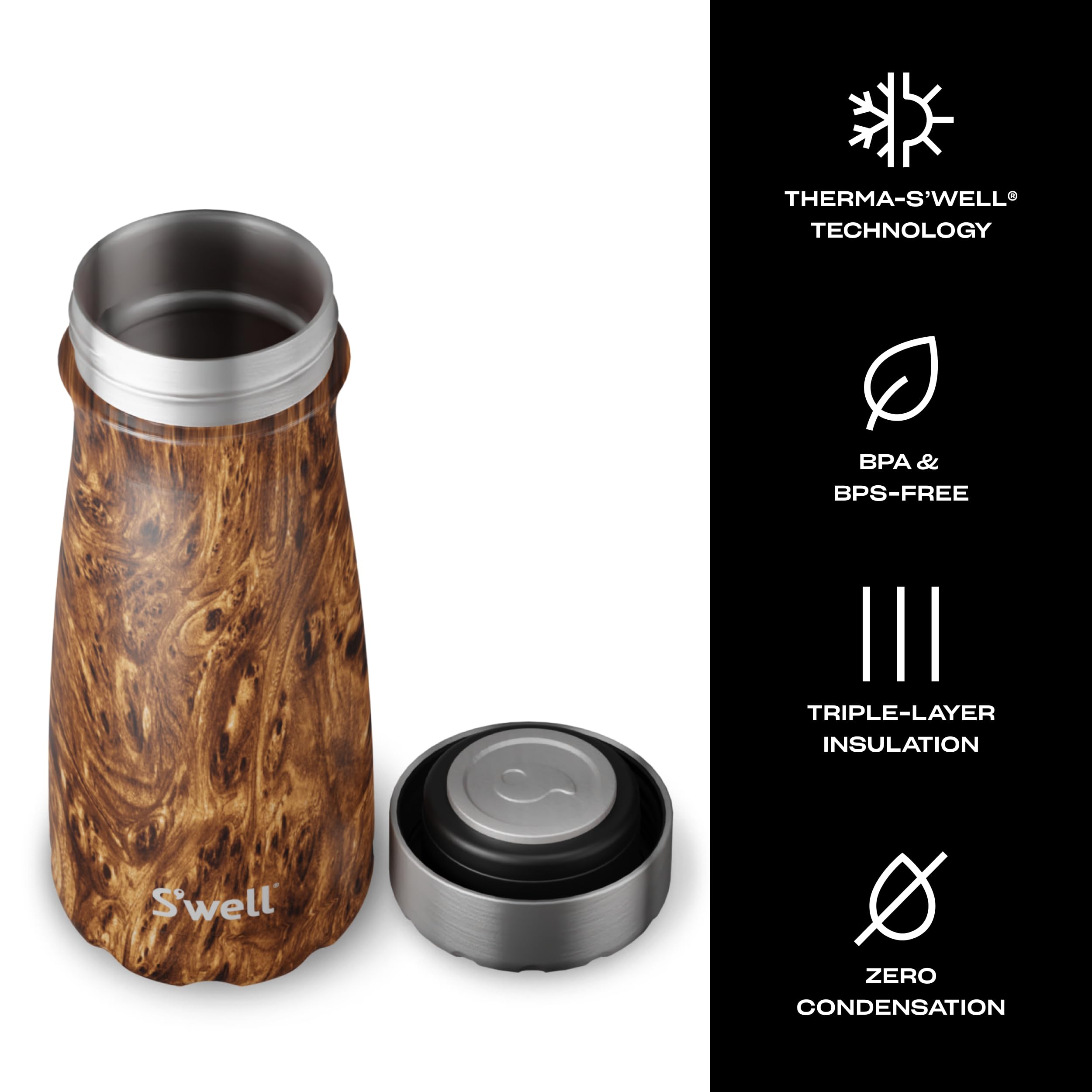 S'well Stainless Steel Traveler, 16oz, Teakwood, Triple Layered Vacuum Insulated Containers Keeps Drinks Cold for 24 Hours and Hot for 12, BPA Free, Easy Carrying On the Go - Image 3
