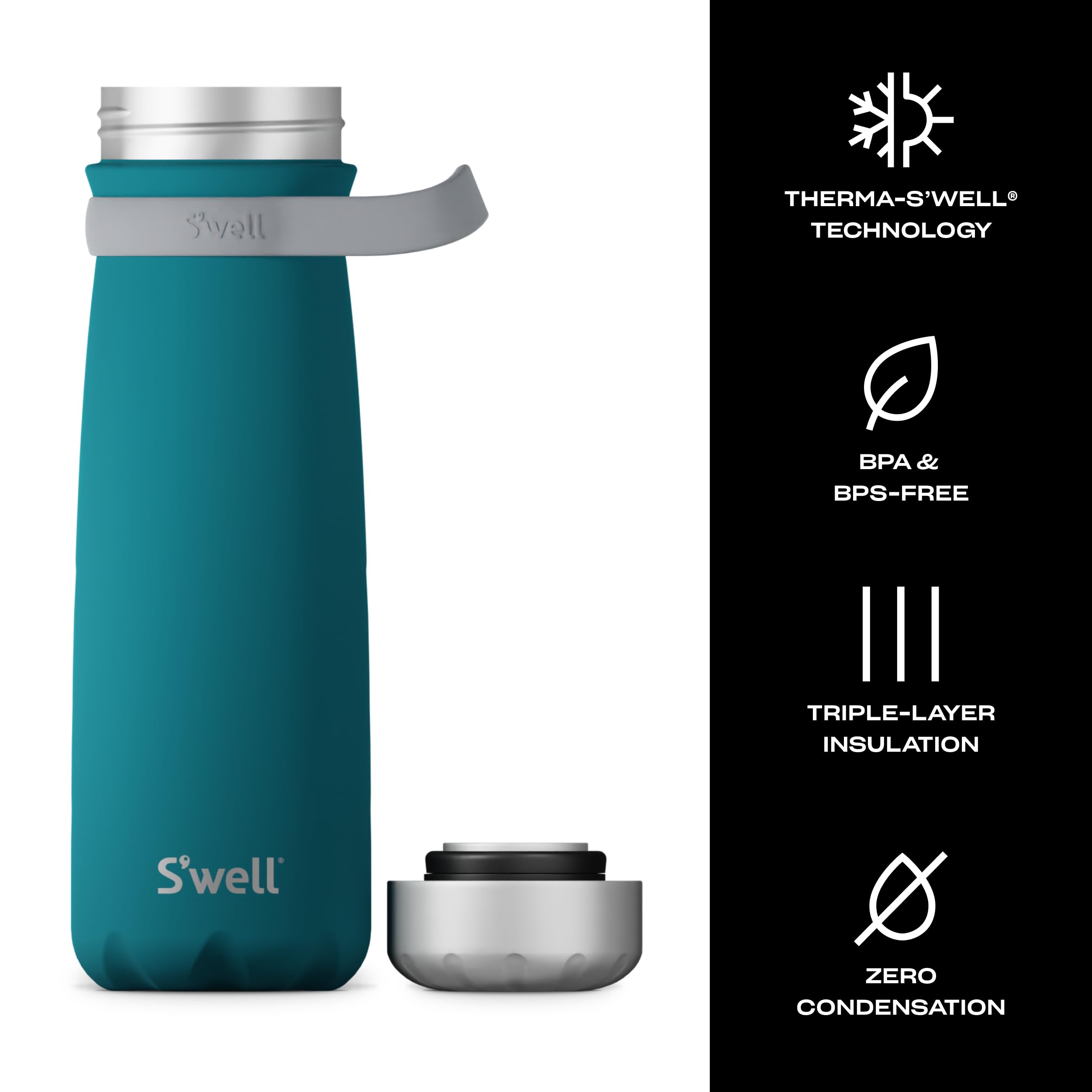 S'well Stainless Steel Traveler With Handle, 24oz, Peacock Blue, Triple Layered Vacuum Insulated Containers Keeps Drinks Cold for 40 Hours and Hot for 16, BPA Free, Easy Carrying On the Go - Image 3