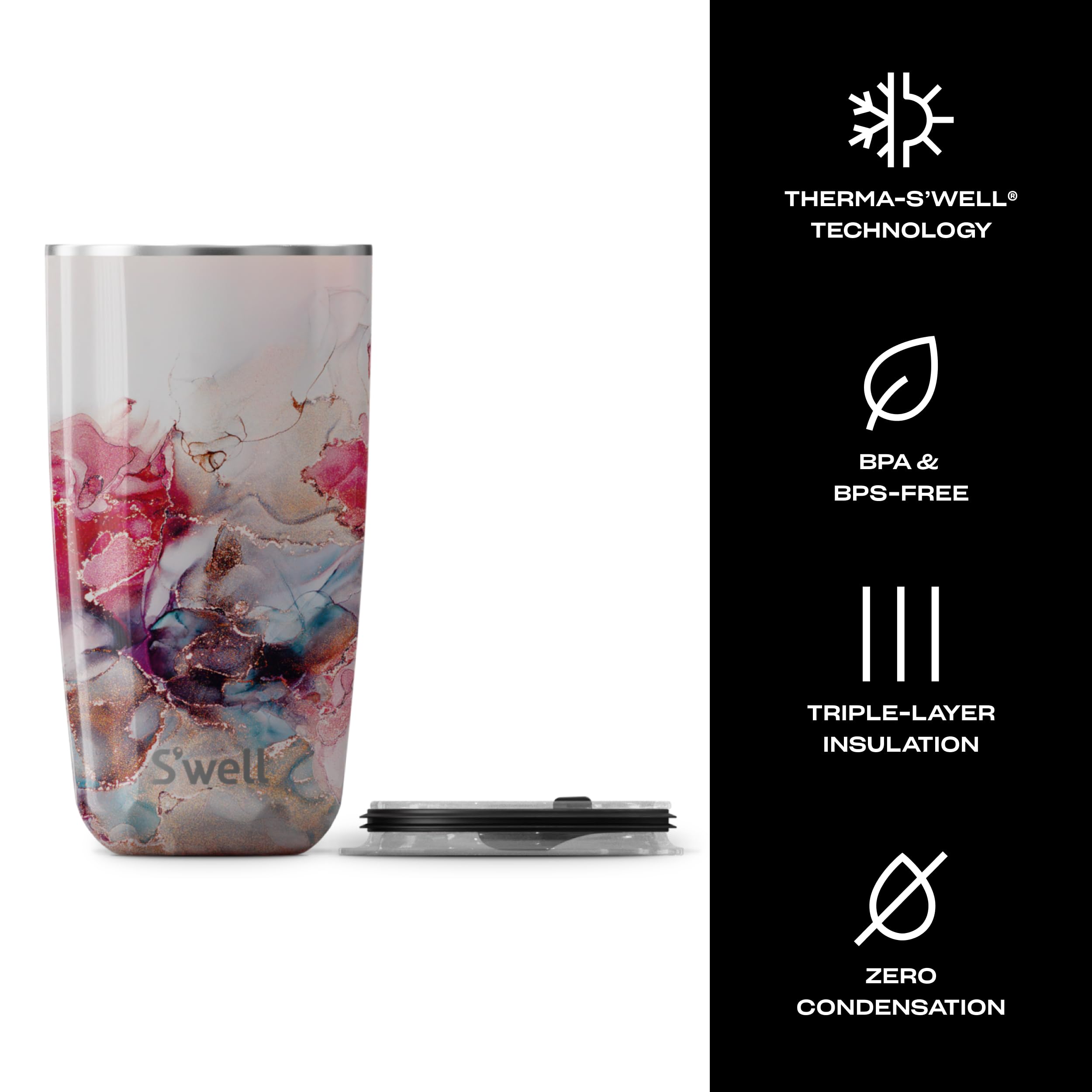 S'well Stainless Steel Tumbler with Slide-Open Lid, 18oz, Rose Marble, Triple Layered Vacuum Insulated Containers Keeps Drinks Cold for 12 Hours and Hot for 4, BPA Free - Image 3