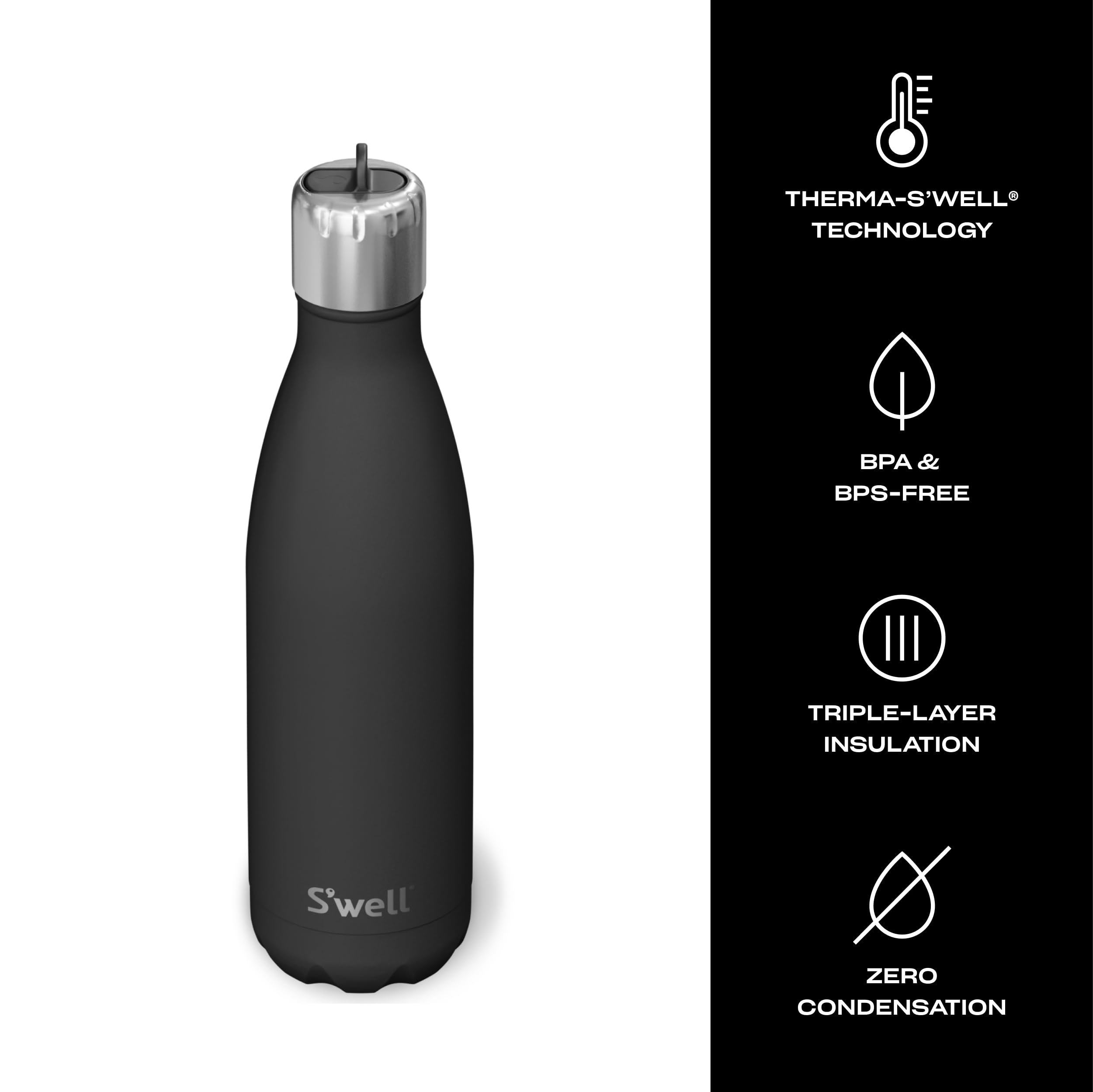 S'well Stainless Steel Water Bottle with Flip Straw Cap, 17oz, Onyx, Triple Layered Vacuum Insulated Containers Keeps Drinks Cold for 36 Hours and Hot for 10, BPA Free, Perfect for On the Go - Image 3