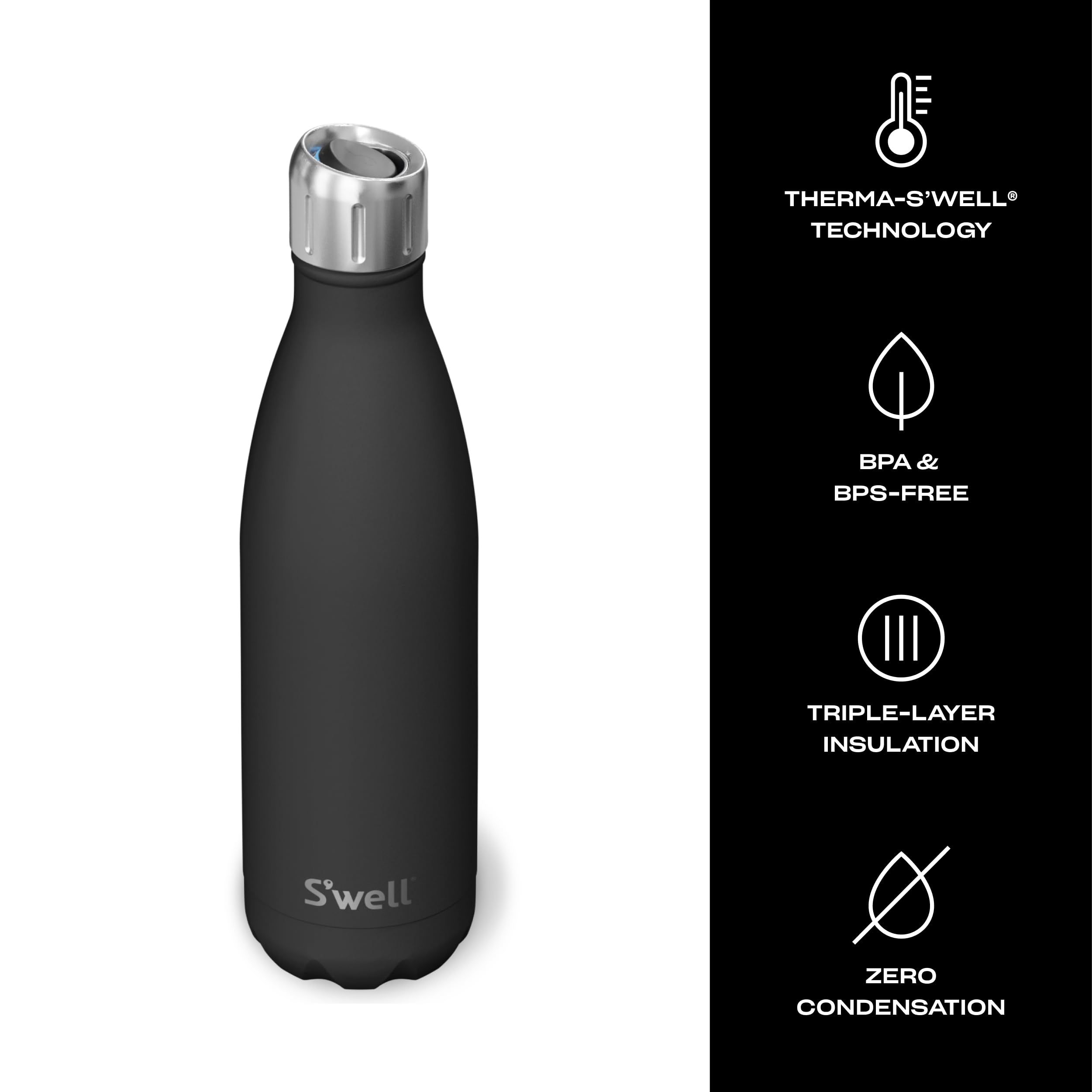 S'well Stainless Steel Water Bottle with Sports Cap, 17oz, Onyx, Triple Layered Vacuum Insulated Containers Keeps Drinks Cold for 36 Hours and Hot for 10, BPA Free, Perfect for On the Go - Image 3